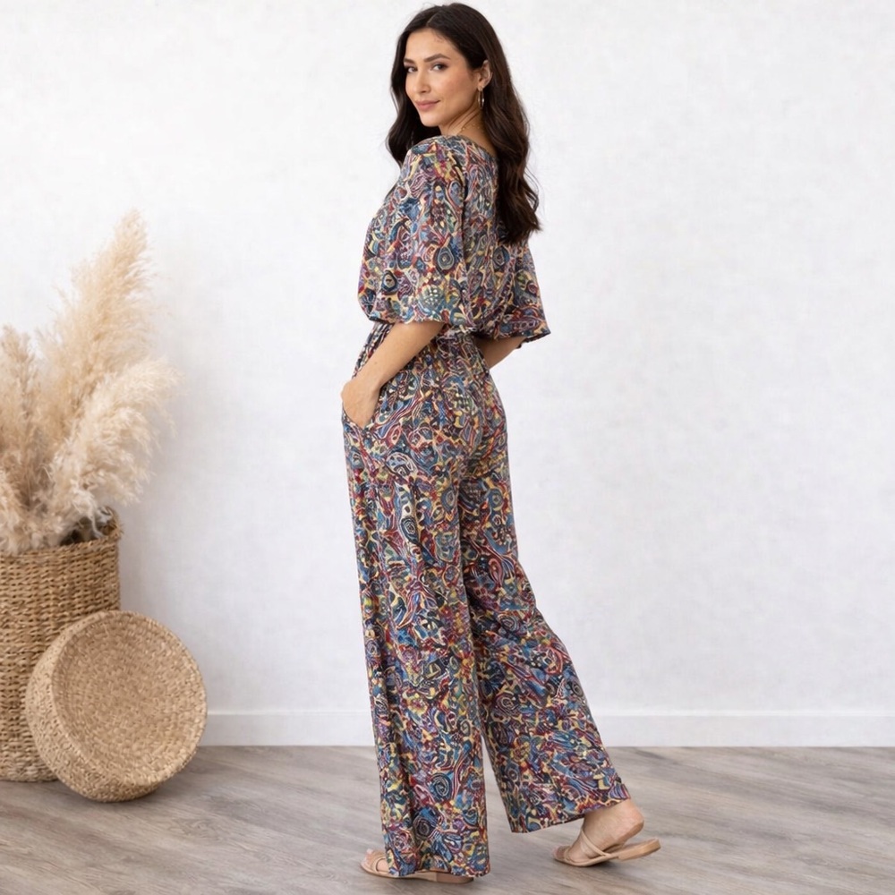 Rhea Rubi V Neck Jumpsuit in Teal And Burgundy Size OS NWT - Picture 3 of 8
